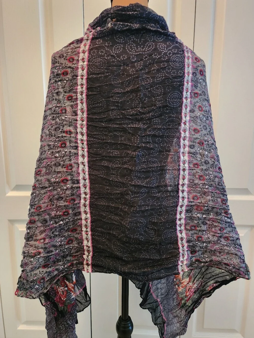 Sheer Boho Whimsygoth Indie Scarf Wrap in Black and Purple with Pink And Red